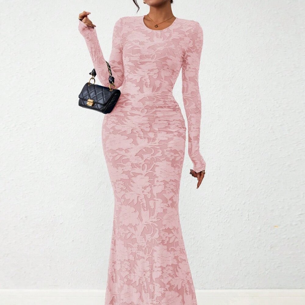 Pink Elegant Women's Floral Lace Maxi Dress